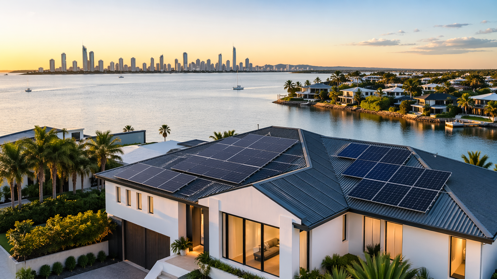 Modern house with rooftop solar panels